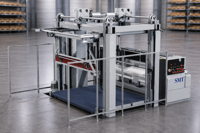 Große industrielle Stapel- und Förderanlage mit Schutzumhausung und Steuerpult zur Verarbeitung von Wellpappe, in einer modernen Produktionshalle mit unscharfem Lagerhintergrund.
