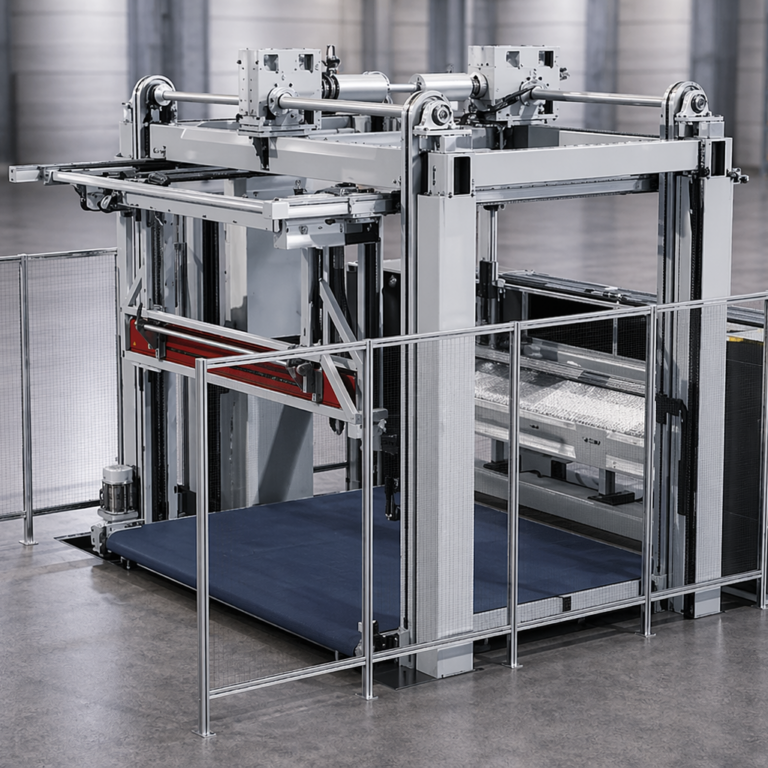 Automatische Stapel- und Förderanlage für Wellpappe Große industrielle Stapel- und Förderanlage mit Schutzumhausung und Steuerpult zur Verarbeitung von Wellpappe, in einer modernen Produktionshalle mit unscharfem Lagerhintergrund.