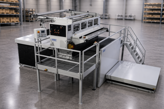 Große industrielle Verarbeitungsanlage mit Bedienplattform, Treppe und Fördertechnik zur Bearbeitung von Wellpappe in einer modernen Produktionshalle mit unscharfem Lagerhintergrund.