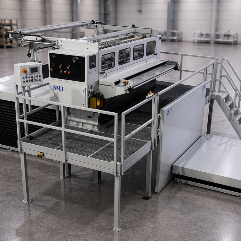 Industrielle Verarbeitungsanlage mit Plattform und Fördertechnik Große industrielle Verarbeitungsanlage mit Bedienplattform, Treppe und Fördertechnik zur Bearbeitung von Wellpappe in einer modernen Produktionshalle mit unscharfem Lagerhintergrund.