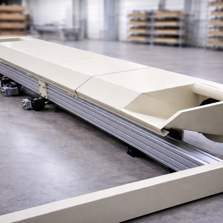 Produktionsanlage für Wabenplatten (Honeycomb Boards) Industrielle Maschine zur Herstellung von Wabenplatten aus Papier mit Schutzabdeckung und Führungsschiene in einer Produktionshalle.