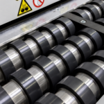 Detailaufnahme der Kolibri Schneidemaschine mit mehreren rotierenden Transportwalzen aus Metall und Gummi in einer industriellen Wellpappenverarbeitung