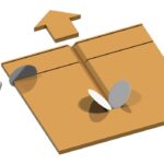 3D-CAD-Grafik einer Kartonverpackung mit eingezeichneten Bewegungsrichtungen. Pfeile zeigen das Öffnen der Deckelklappen und das Einsetzen von runden Verschlusselementen.