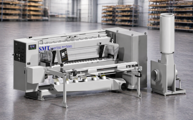 Industrielle Kreisschere für Schwerwellpappe mit Fördertechnik und Absaugmodul, dargestellt in einer modernen Produktionshalle mit unscharfem Lagerhintergrund.