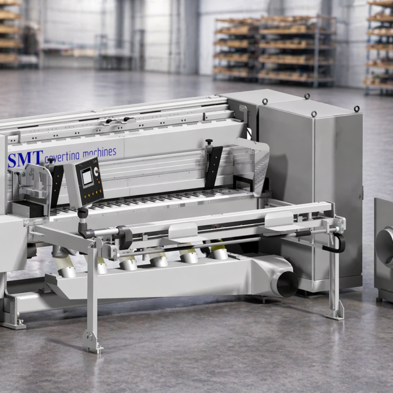 Kreisschere für Schwerwellpappe in Produktionsumgebung Industrielle Kreisschere für Schwerwellpappe mit Fördertechnik und Absaugmodul, dargestellt in einer modernen Produktionshalle mit unscharfem Lagerhintergrund.
