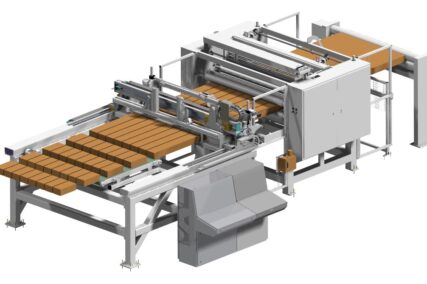 3D-CAD-Darstellung einer automatisierten Produktionsanlage zur Herstellung und Weiterverarbeitung von Wabenplatten aus Papier mit Fördertechnik und Bearbeitungsstationen für Wellpappen- und Honeycomb-Lösungen.