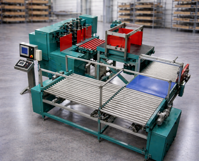 Große industrielle Verpackungsmaschine mit Förderbändern und Schutzverkleidungen steht in einer modernen Produktionshalle mit unscharfem Lagerhintergrund.