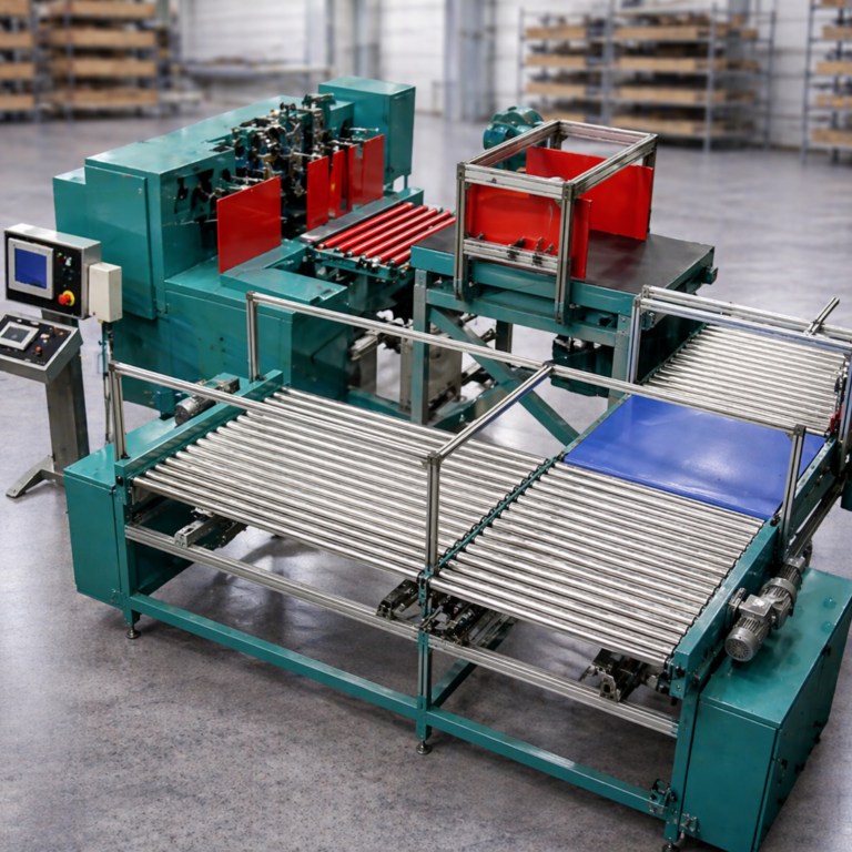 Automatisierte Verpackungsmaschine in Produktionsumgebung Große industrielle Verpackungsmaschine mit Förderbändern und Schutzverkleidungen steht in einer modernen Produktionshalle mit unscharfem Lagerhintergrund.