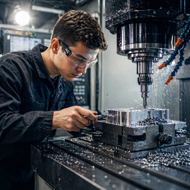 Junger Zerspanungsmechaniker arbeitet an einer CNC-Fräsmaschine und bearbeitet präzise ein Metallwerkstück, während Metallspäne um die Maschine verteilt sind.