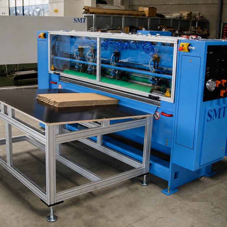 CDS-ECO Schneidemaschine Gesamtansicht der CDS-ECO Schneidemaschine von SMT mit integriertem Zuführtisch und aufgelegtem Wellpappenstapel in einer industriellen Produktionsumgebung