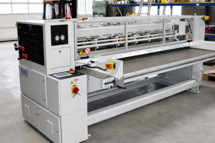 Gesamtansicht der CDS-ECO Schneidemaschine von SMT mit integriertem Zuführtisch und aufgelegtem Wellpappenstapel in einer industriellen Produktionsumgebung