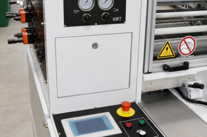 Detailansicht der Steuer- und Bedieneinheit der CDS-ECO Schneidemaschine von SMT mit Display, Not-Aus-Schalter und Druckanzeigen in einer industriellen Umgebung