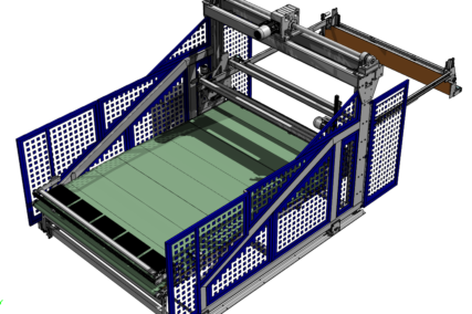 Übersicht einer automatisierten Ablageeinheit (Upstacker) für Wabenplatten mit Fördertechnik und Stapelbereich in einer industriellen Umgebung